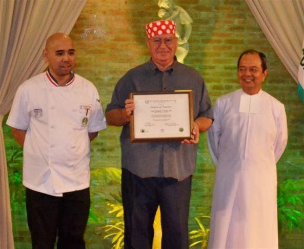 Robert Harland, NDB features writer, chef and former graduate from the Institute for Culinary Arts at the University of St. La Salle, received a special citation from the university on Wednesday for winning a silver medal for the Philippines in the 2012 World Marmalade Championships in England in February. Pictured with (l-r) ICA director Chef Richard Ynayan and Br. Ray Suplido, USLS president and chancellor